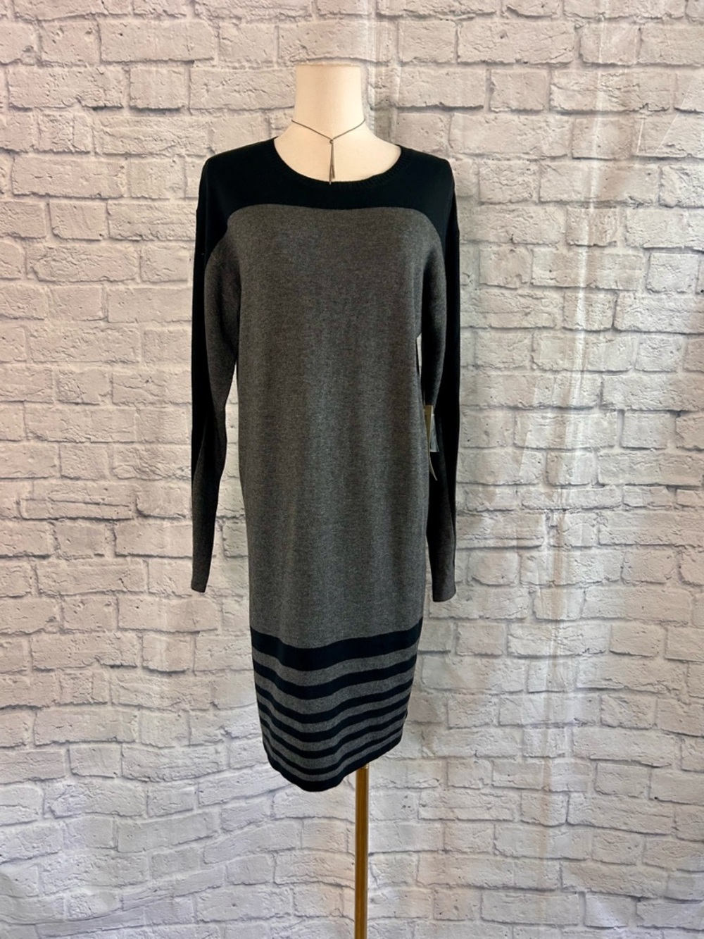 Evan Picone Knit Dress Gray and Black Long Sleeve Midi Office Career Emo Boss - Picture 7 of 14